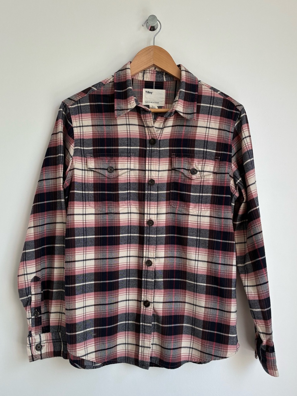 Tilley Women's Plaid Flannel 100% Organic Cotton Pink Navy